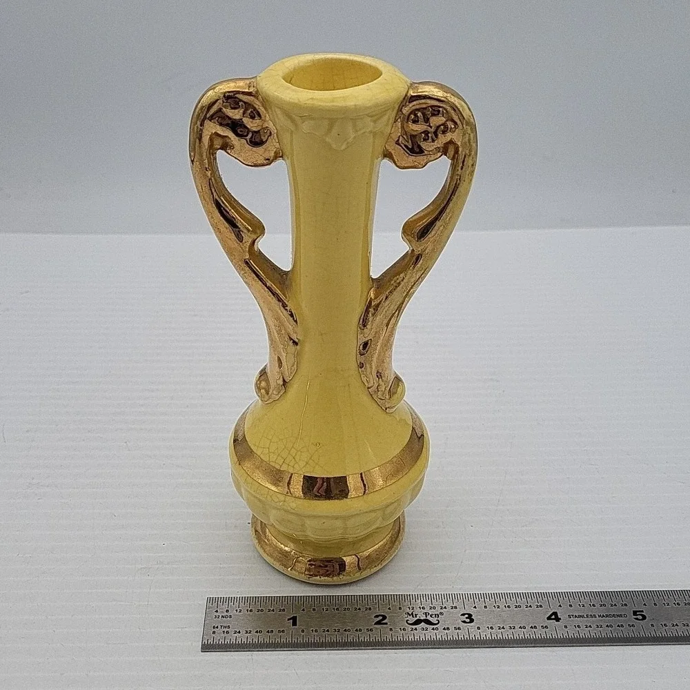 Vintage 1940s Chic Pottery Zanesville Ohio Spill Bud Vase Urn Yellow Gold